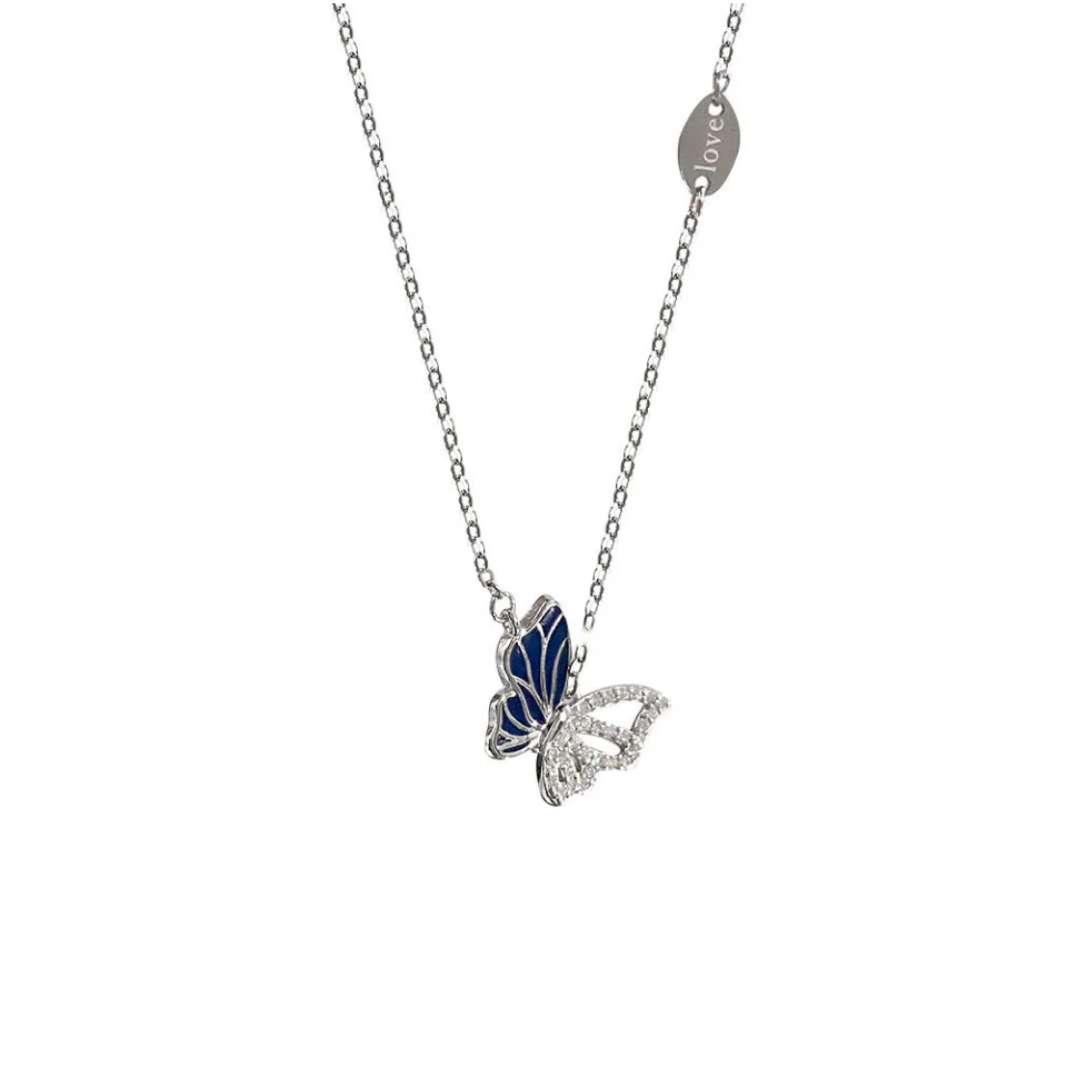 Flying Blue Butterfly Necklace 925 Sterling Silver Hollow Design  925 Sterling Silver Cubic Zirconia Dainty White Gold Plated