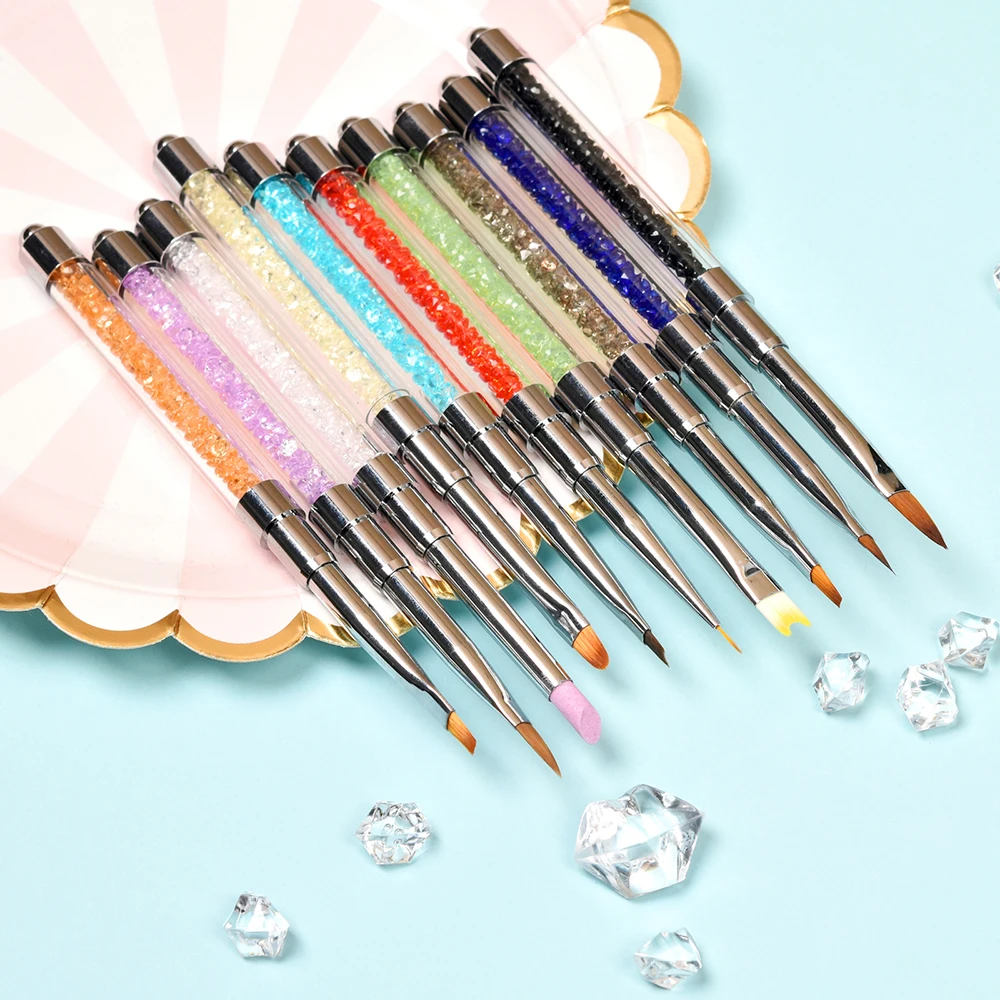 KADS Hot Sell Custom Logo Rhinestones Kolinsky Acrylic Marble Brushes Flower Painting UV GEL Nail Art Brush Set Manicure Tool
