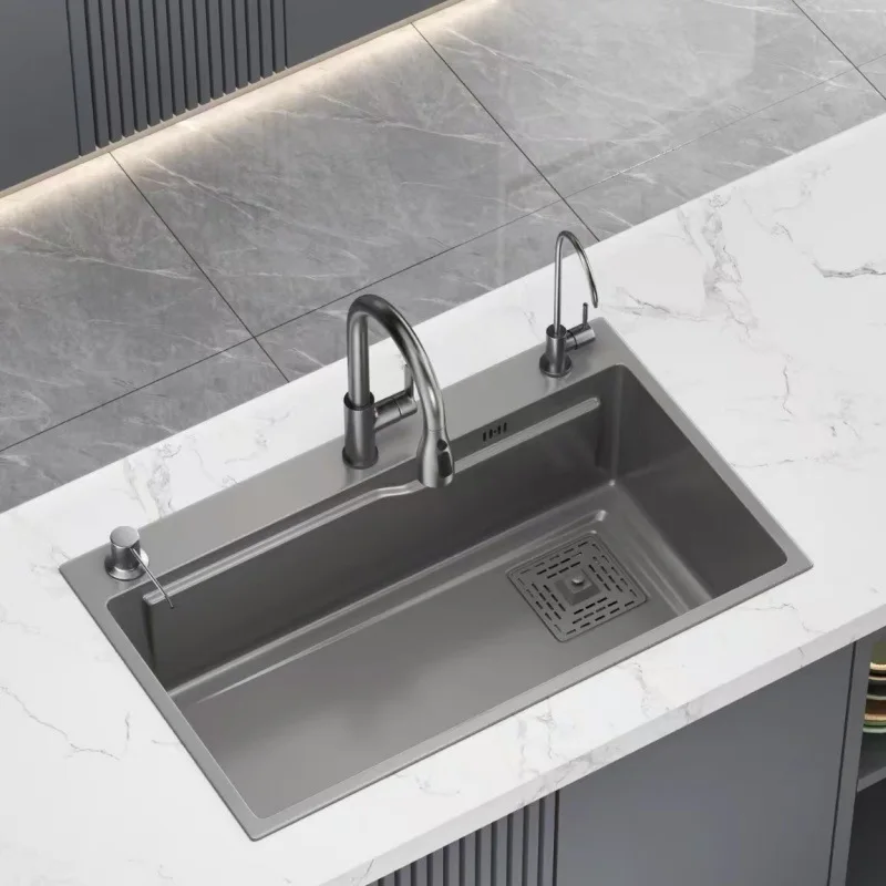 Nano black kitchen sink large single tank antibacterial thickened 304 stainless steel single tank sink