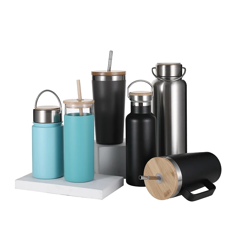 Stainless Steel Sports vacuum insulated Water Bottle and tumbler Beverage Bottle with Leak-Proof Bamboo Lid with handle