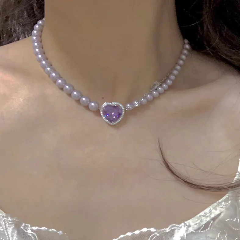 High quality silver jewelry pearl necklace heart purple crystal pendant necklace pearl chain necklace for charm fashion 2020