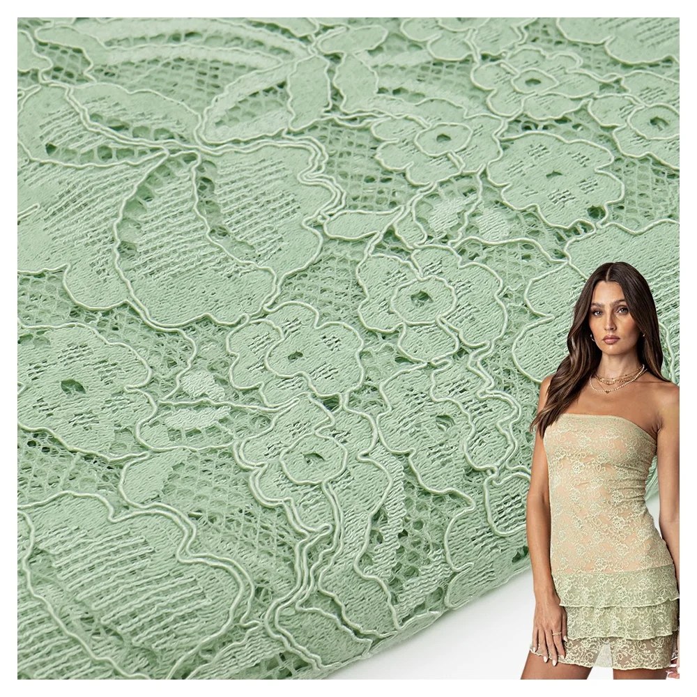 New fashion customized design wholesale green nylon cotton flower eyelet elastic lace fabric for dress decoration
