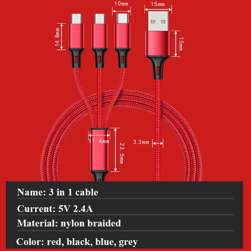 
mobile phone nylon braided 1.2m 3 in 1 cable charger for Android/IOS/samung 