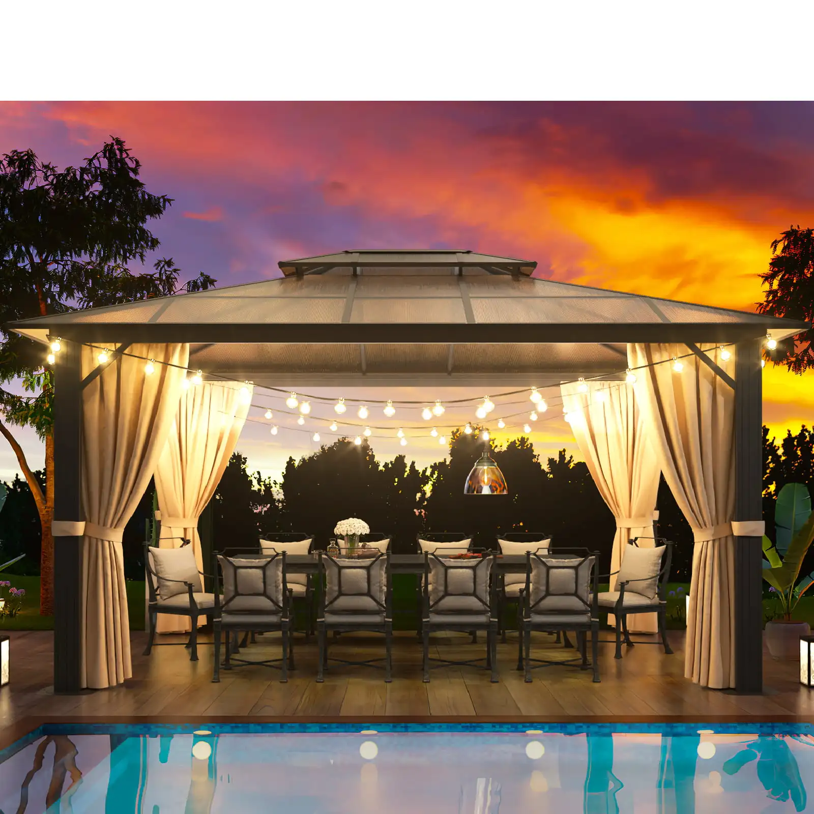 3X4M Outdoor Aluminum Frame PC Roof Hardtop Gazebo Waterpoof Double Roof Outdoor Gazebo With Curtains And Netting