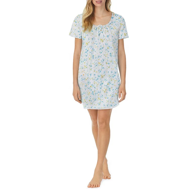 Custom Beautiful Soft 100% Cotton Jersey Short Sleeve Lace Floral Short Nightgown Women