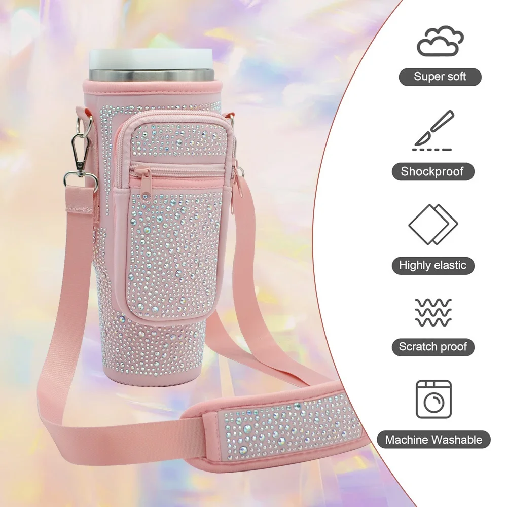 Zipper pouch neoprene 40oz bling rhinestone tumbler cup crossbody sling water bottle carrier bag with shoulder strap for stanley