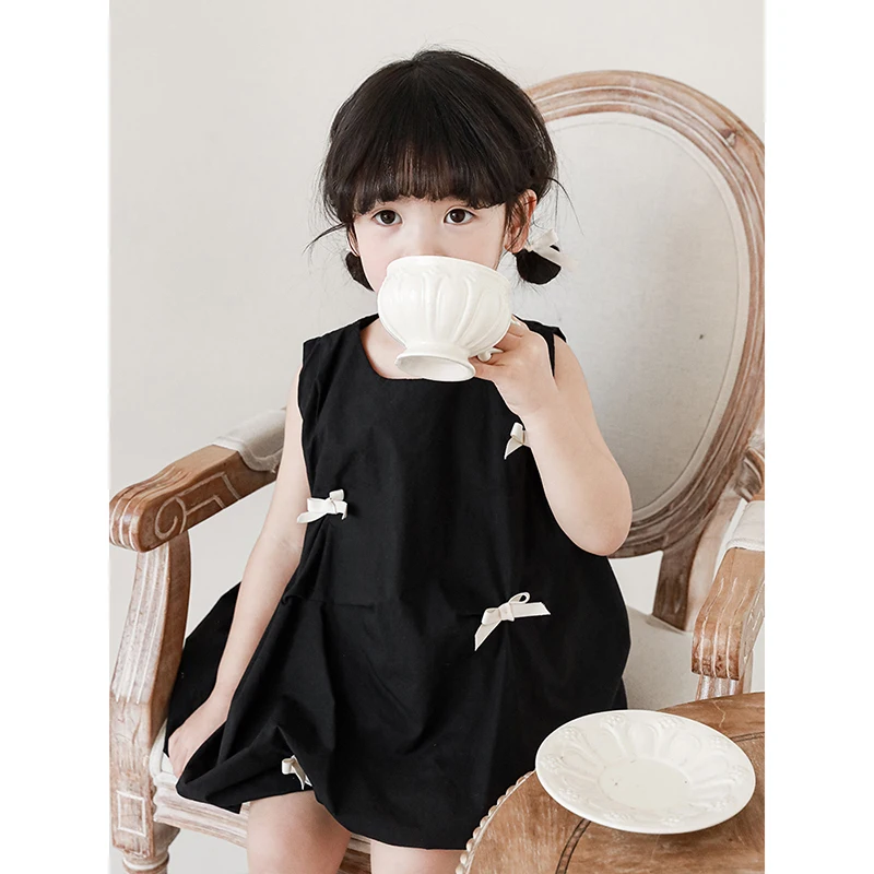 oem kids girls cute bowtie lantern sleeveless dresses odm baby Korean style dress custom RTS 100% cotton children casual dress