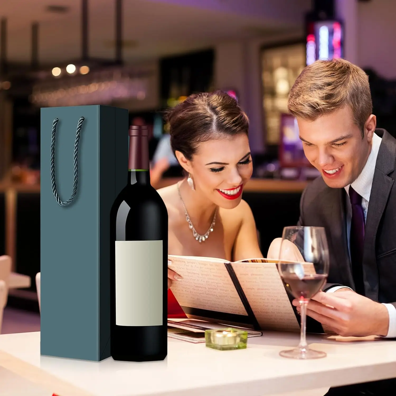 Low Luxury Champagne Wine Gift Paper Bag Recyclable Green Wine Bottle Kraft Paper Bag Durable Shopping Paper Wine Bag