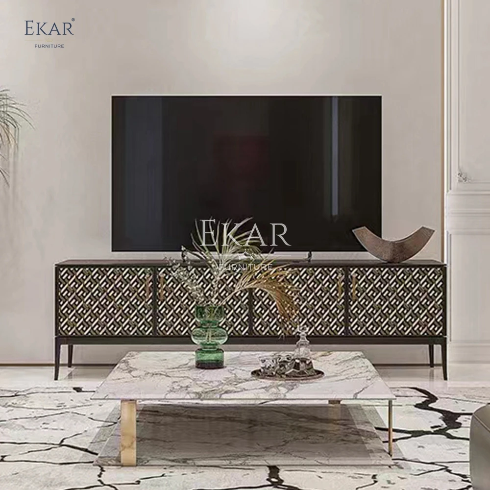 EKAR FURNITURE Modern Midnight Black Solid Cast Aluminum TV Cabinet for Living Room Bedroom Hotels and Bars