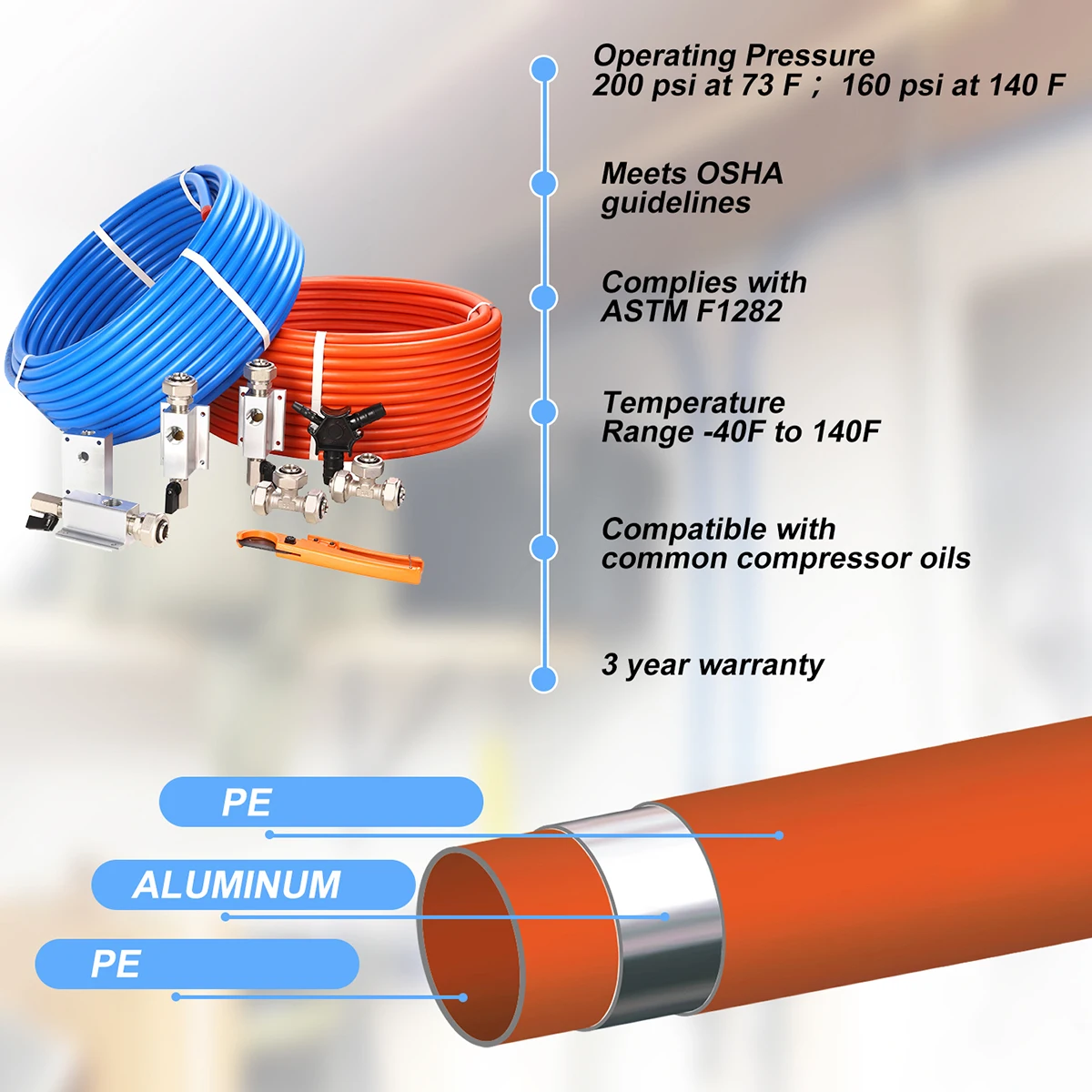 Air Compressor Accessories Kit Piping System1/2 inch x 100 feet HDPE-Aluminum Air Compressor Hose set