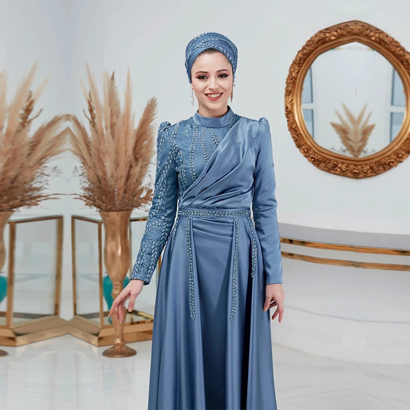 Luxury Rhinestones Muslim Wedding Dress Islamic Gown Custom Satin Abaya Dress