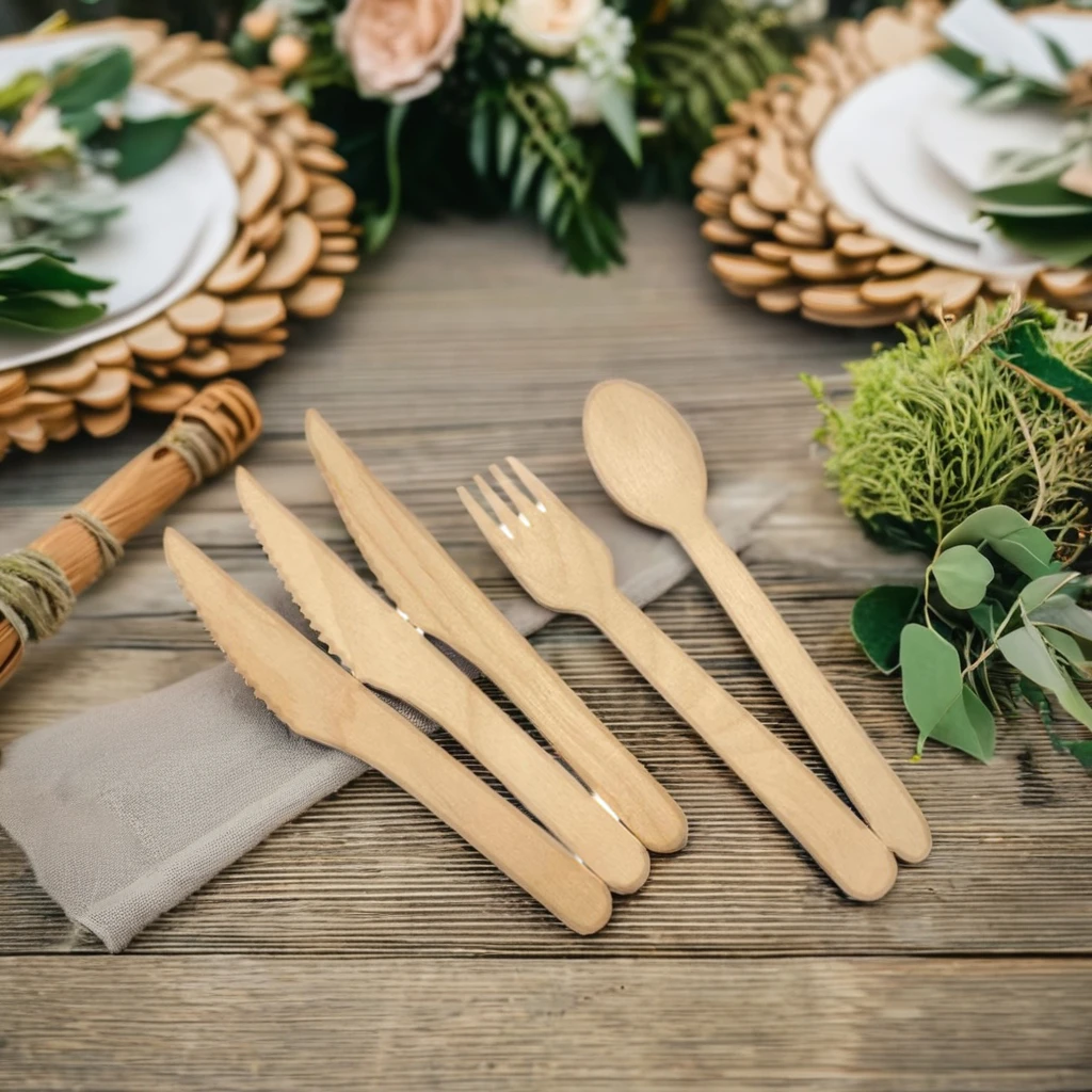 Eco-Friendly Biodegradable Reusable Wooden Cutlery Organizer Disposable Spoons Knives Home Hotel Eco-friendly Biodegradable