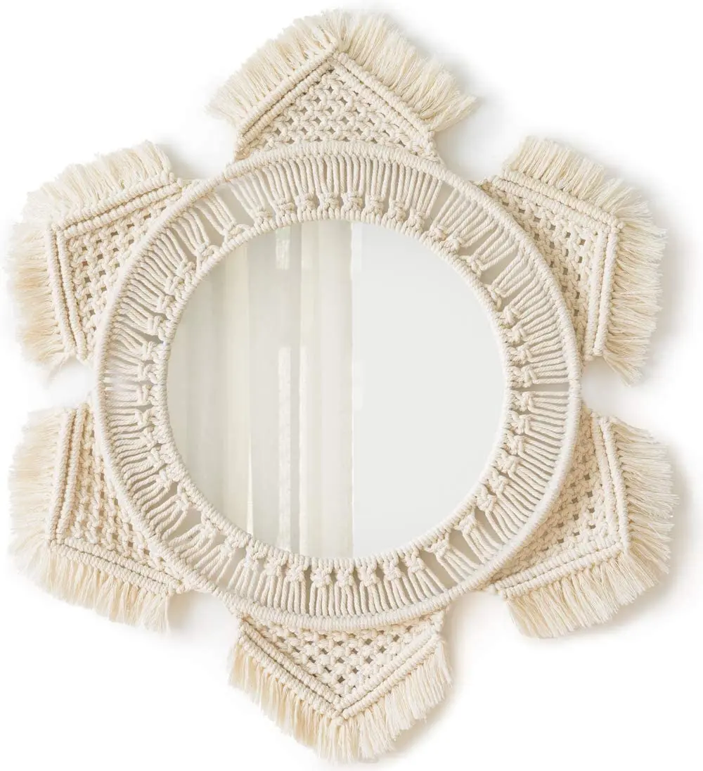 Ivory Color Decorative Wall Mirror With Macrame Fringe Round  Mirror Art Decor For Apartment Living Room Bedroom