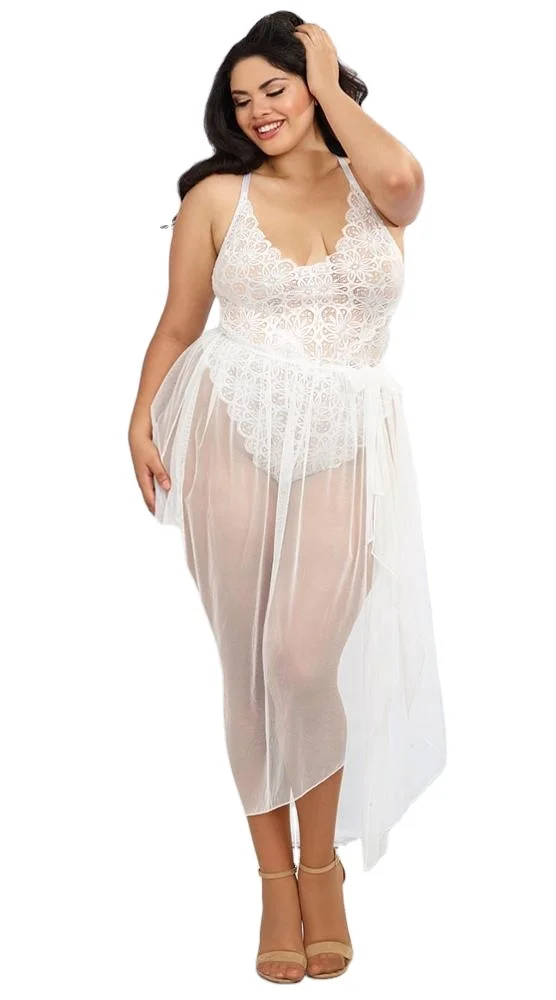 X716 Sexy Lace Leotard Bodysuit See through Lingerie Underwear Jumpsuit Siamese Bandage Mesh Apron 2pcs Sheer Intimate Costume