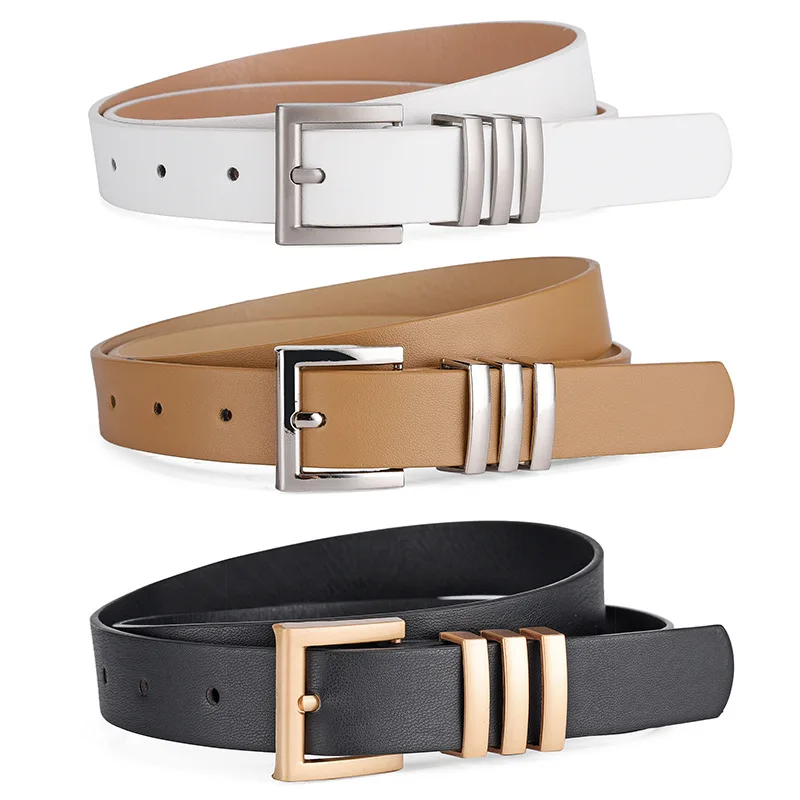 REWIN 2024 Hot Fashion Ladies PU Waist Belt with Matte Gold Silver Buckle Women Faux Leather Belts for Jeans Dresses Pants