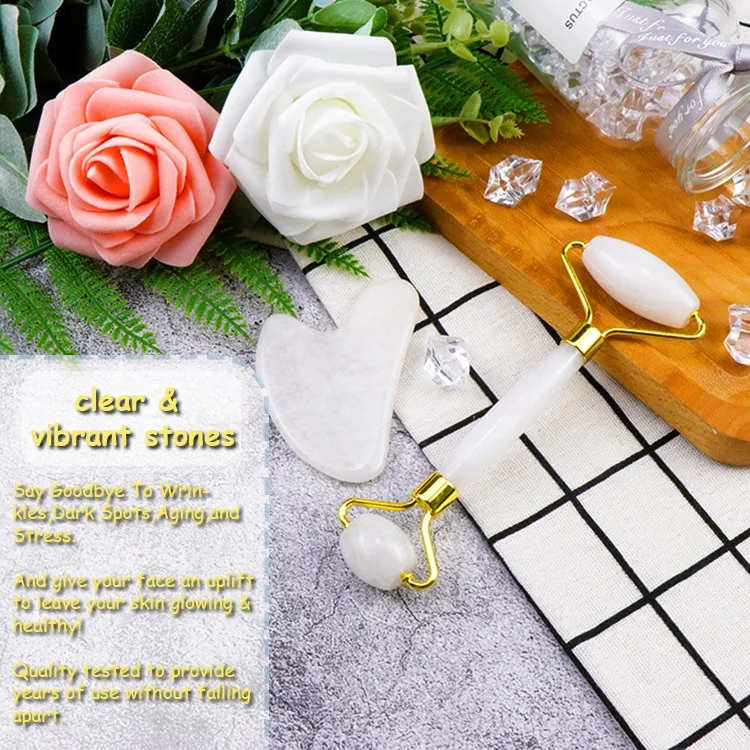 Wholesale Best High Quality Pink Anti Aging Face Massager Rose Quartz Natural Jade Set Facial Gemstone Roller with guasha set