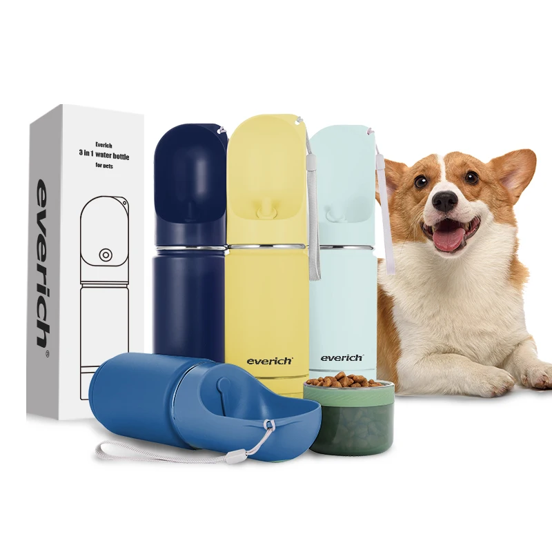 350ml 2 in 1 Pet products for walking portable plastic travel recycling dispenser outdoor Pet dog stainless steel water bottle