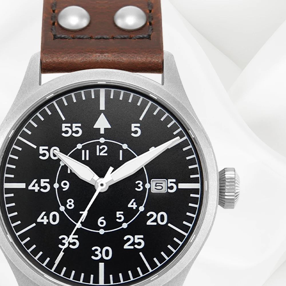 Mexda Relojes Sapphire Crystal Pilot Watches for Men Luminous 10atm Waterproof Date Display Brown Leather Strap Mens Watch