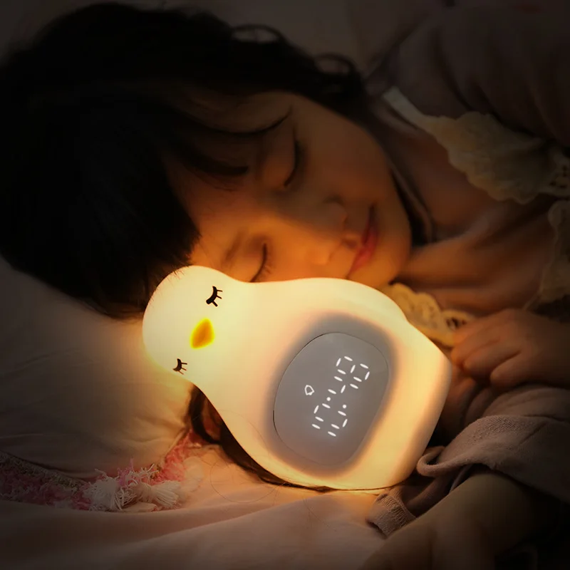 Cute LED Penguin Night Light Alarm Clock silicone Bedside Lamp with clock USB Rechargeable Sleeping Lamp for Girls Boy room