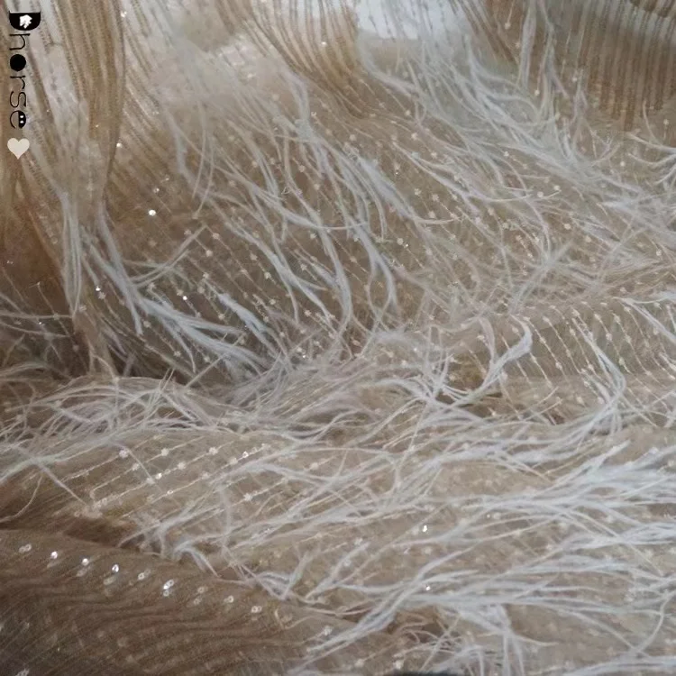 Luxury hand made ostrich feather tulle lace fabric with sequin embroidery for formal dress