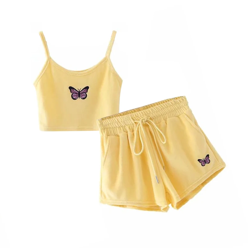 
Aproms Yellow Velvet Crop Top and Shorts Women 2 Pieces Set Summer Embroidery Cami Draw 