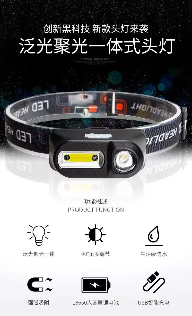 Outdoor Emergency Flashlight with Battery USB Charging Headlight