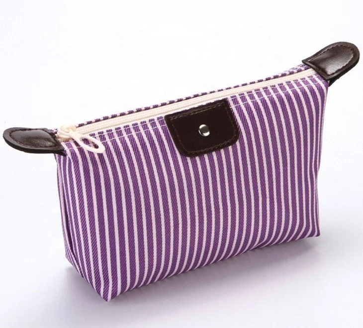 Cheap PU Leather Travel Bag Women Fold Organizer Stripe Promotion Cosmetic Bag Toiletry Pouch Portable MakeUp Female Wash Case