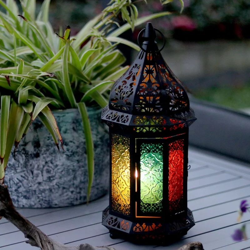 Moroccan Candle Lantern For Home Decor Colored Glass Antique Metal candle lanterns Indoor And Outdoor Garden use Lanterns.