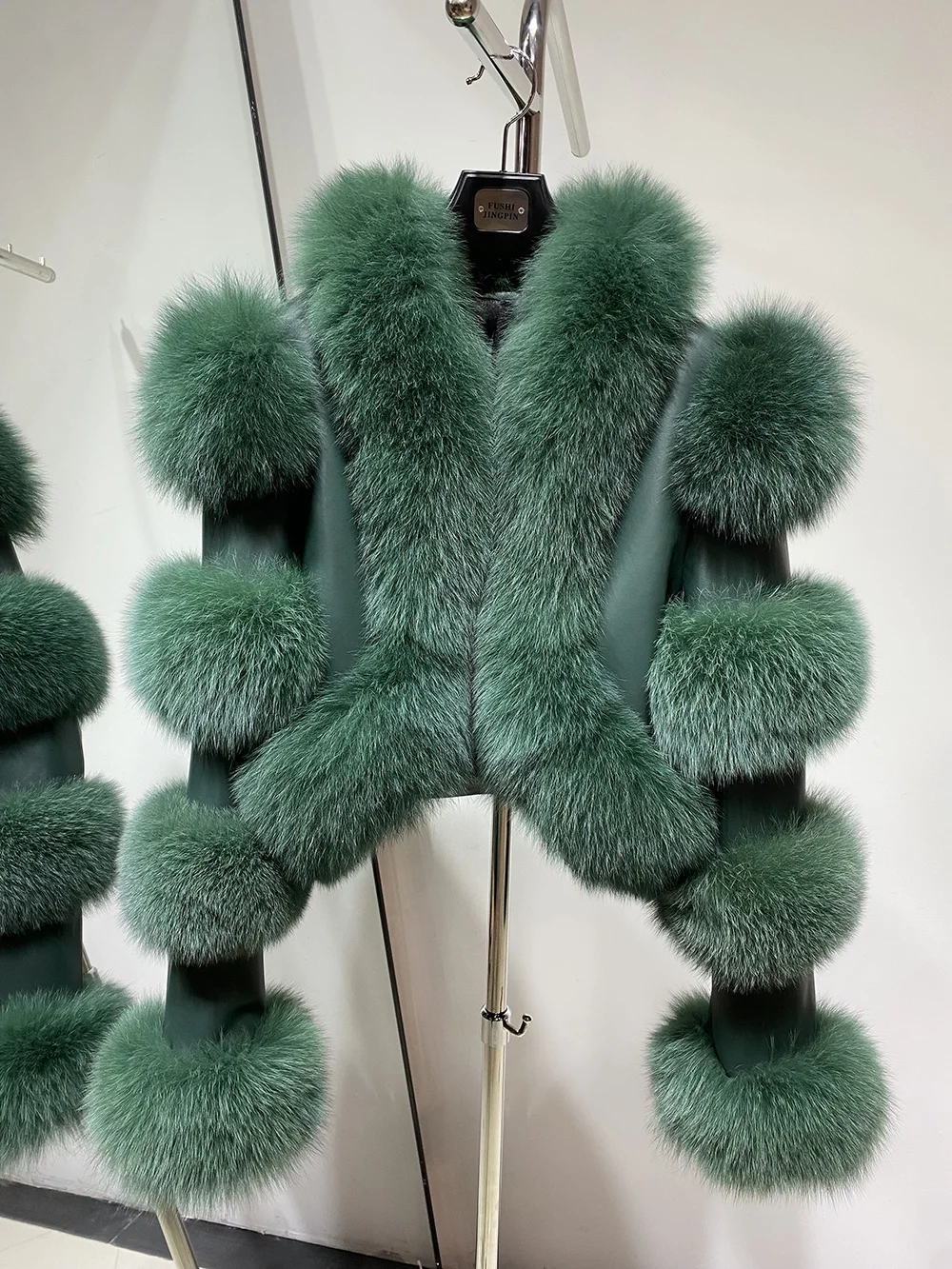Dark green original sheepskin leather jackets crop leather jacket leather jacket fur trim