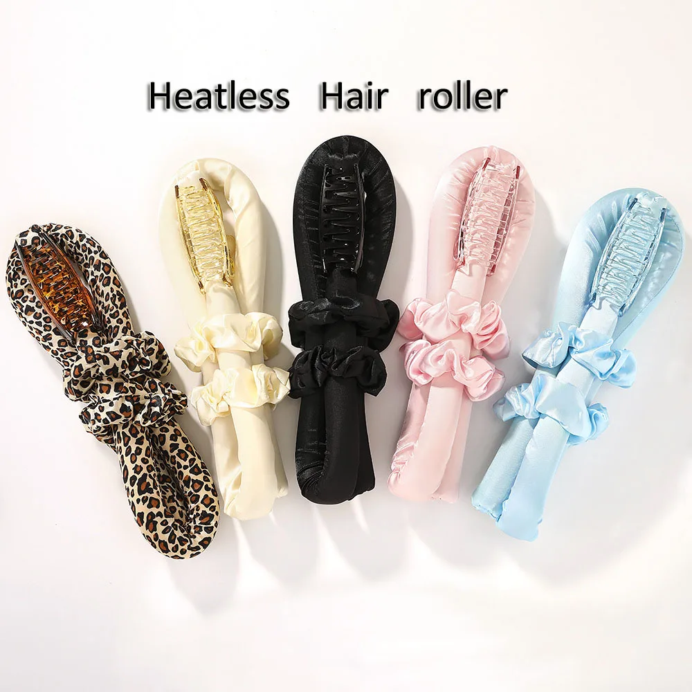 hot selling heatless roller curler silk satin hair scrunchies 3mm no heat ribbon flexible hair roller hair claw set