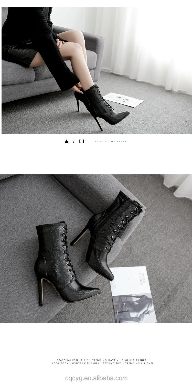 Женские модные черные ботинки до середины икры на высоком каблуке-шпильке с острым носком эластичные ботильоны шнуровке