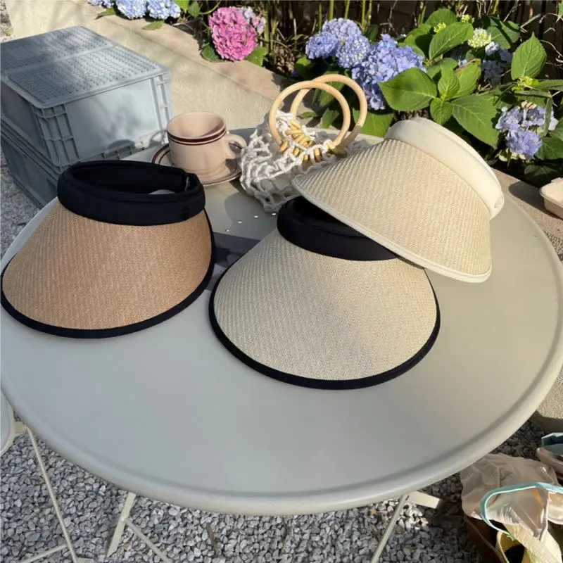 2023 summer new anti-ultraviolet straw black rubber hollow top hat spring and summer Korean fashion sunscreen sun hat for childr