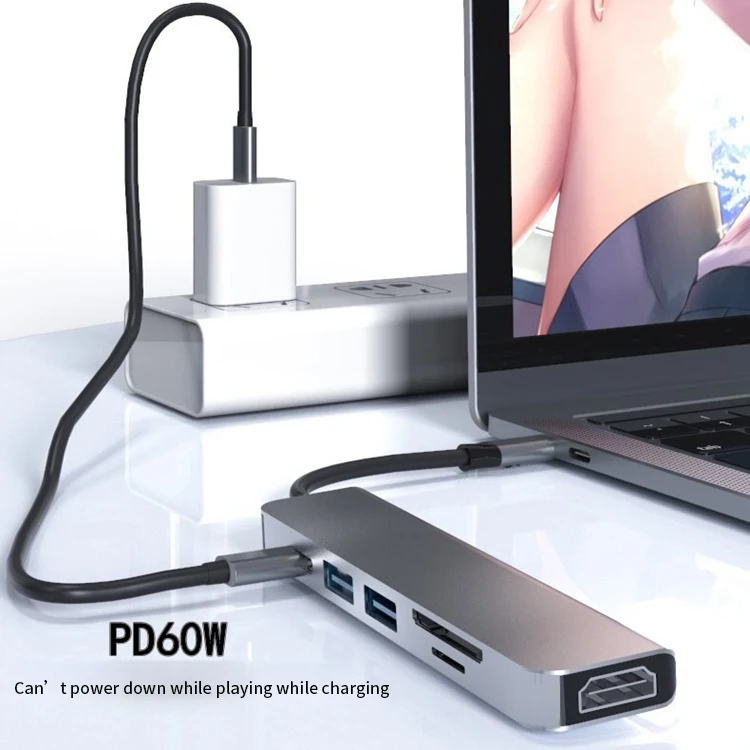 PULWTOP  usb c docking station 4k 6 en 1 Hd.mi 4K Usb2.0 PD60W With SD TF  Card Reader 6/7 in 1 type c hub type c to usb hub