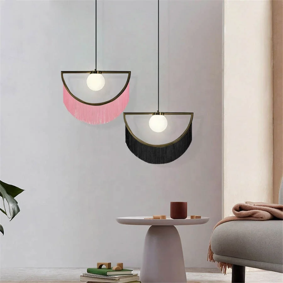Fancy modern decorative fabric shade hanging lamp stylish dreamy pink tassel  fringe half pendant light for dining room