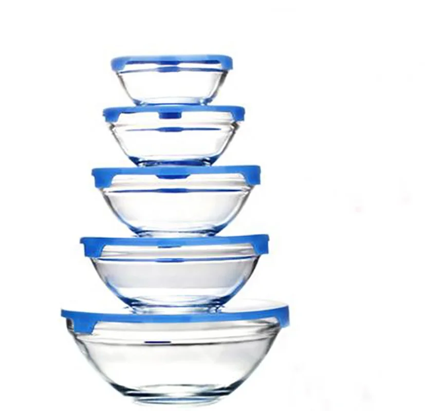 Hot Sale 5pcs Round Clear glass bowls Fruit Salad Food Kitchen Crystal Glass Bowl Cookware Set With Lid