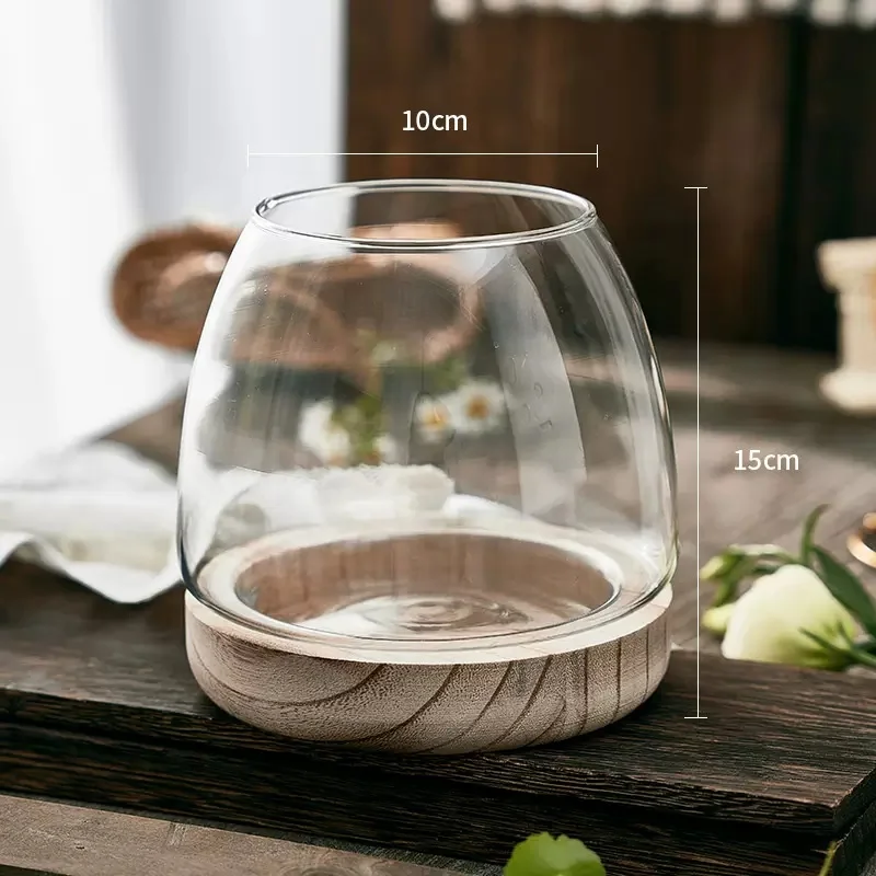 Luxury Custom Color Round Ball Shape Fish Bowl Flower Glass Vase with Wooden Stand For Home decorate