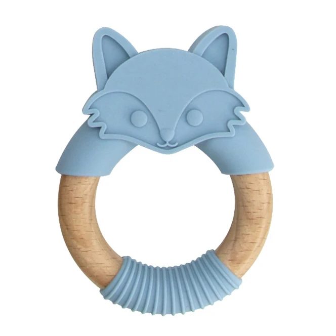 Chinese Promotional Fox Bpa Free Silicone Wooden Baby Ring Environmental Infant Baby Toys Wooden Teether