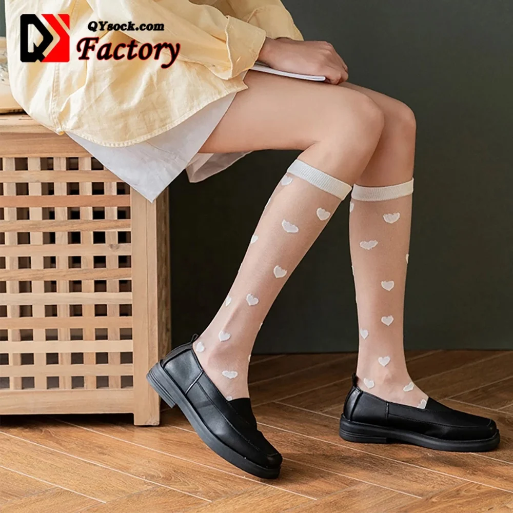 Korean Heart Love Tulle Glass Silk Socks Women Summer New Ladies Lace Transparent Ultra-thin Mesh Colorful Nylon Sheer Socks