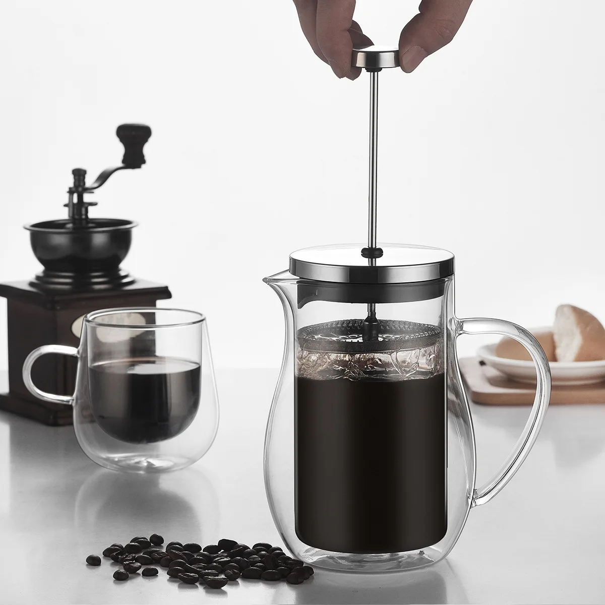 Wholesale Double Wall Glass French Press Borosilicate Coffee Pot With Stainless Steel Lid Home Cafe