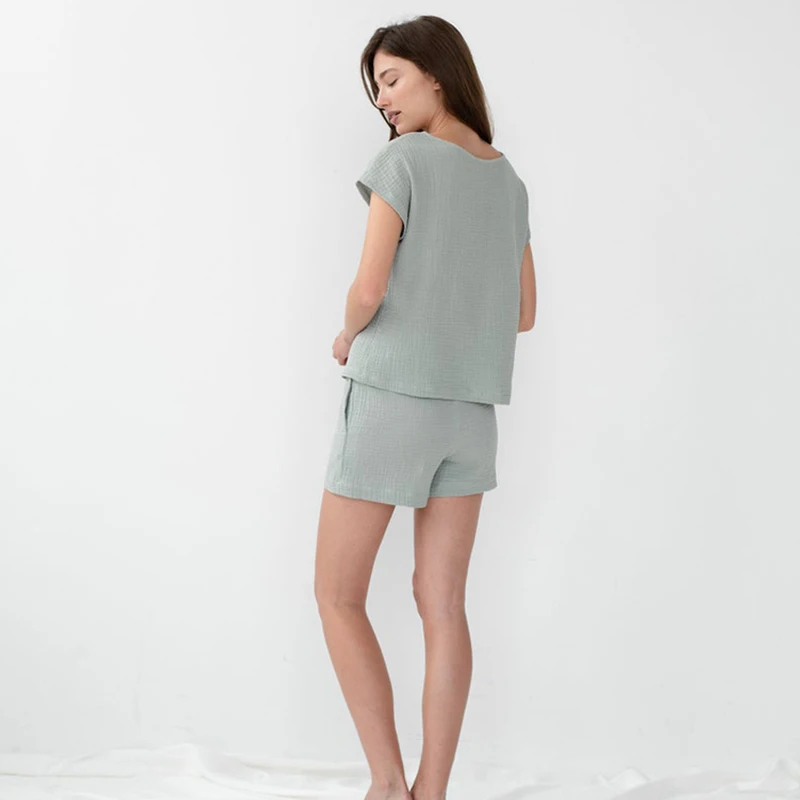 Short Sleeve Summer Mint Muslin Pajamas, Cotton Pajama Set Women