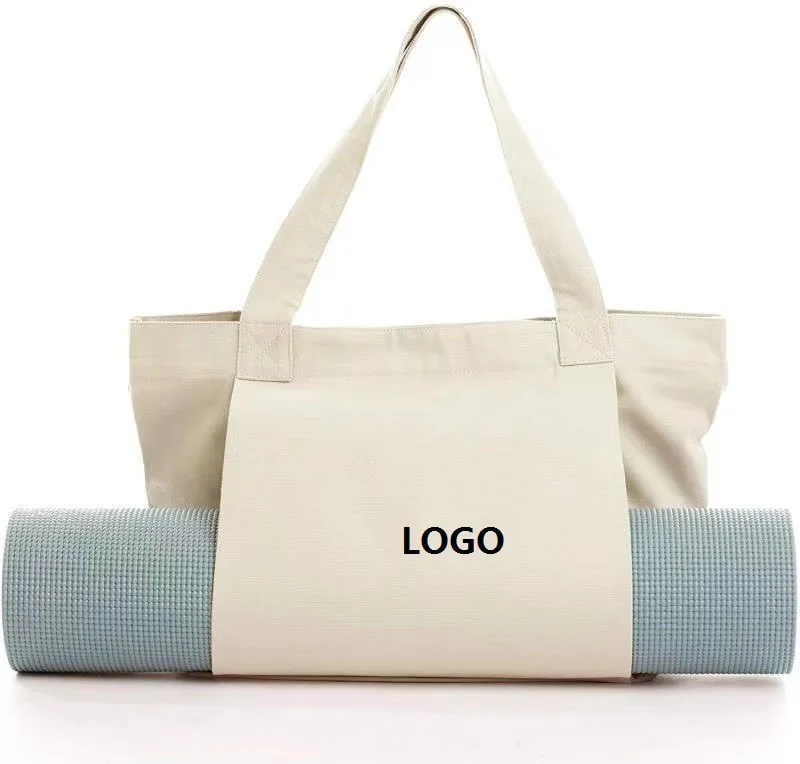 Custom Logo Large Yoga Accessories Gym Cotton Beach Shoulder Canvas Yoga Tote Bag with Yoga Mat Carrier