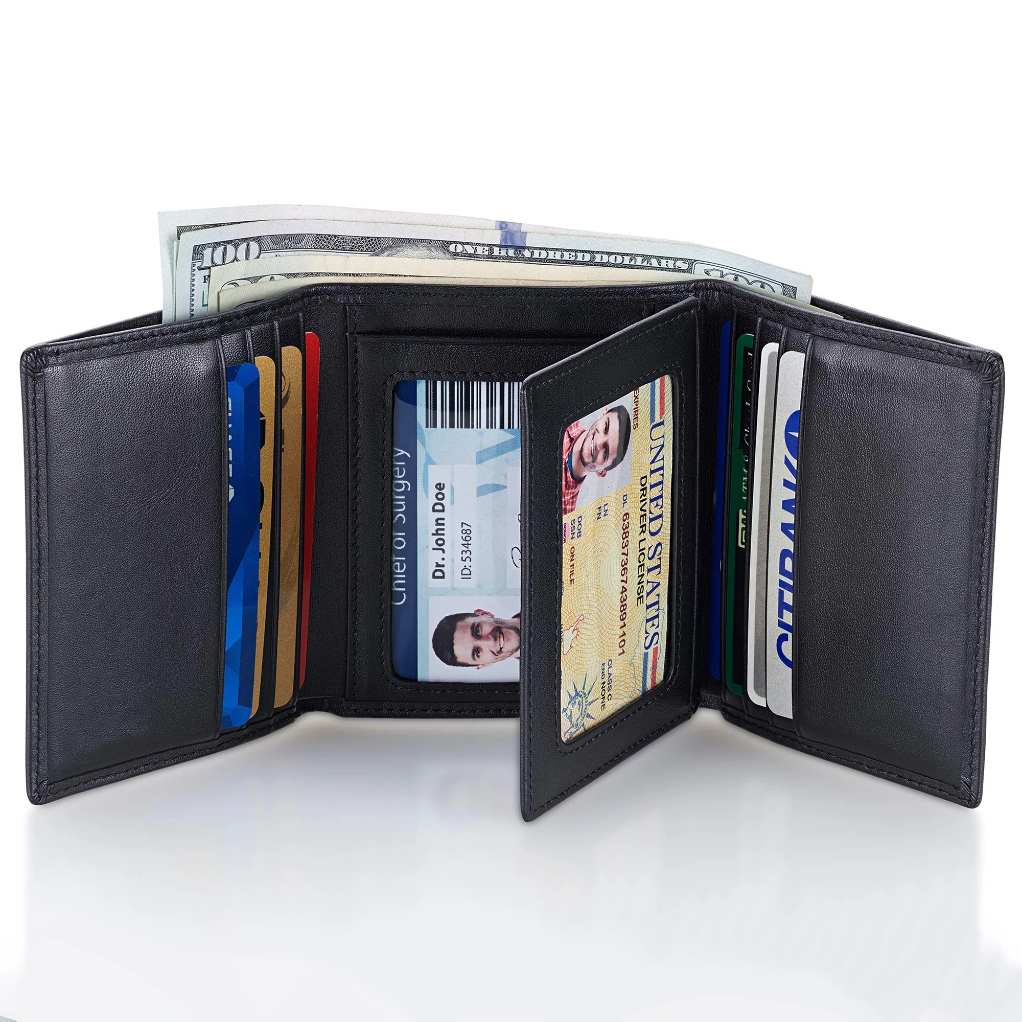 Factory Custom Leather Credit Card Holder Wallet With 2 ID Window RFID Blocking Slim Tri-fold Wallet For Man