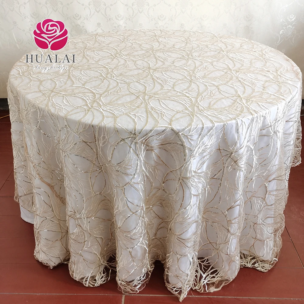 Блестящая скатерть с круглой вышивкой, золотистого и белого цвета, 132 дюйма, для свадьбы и праздника