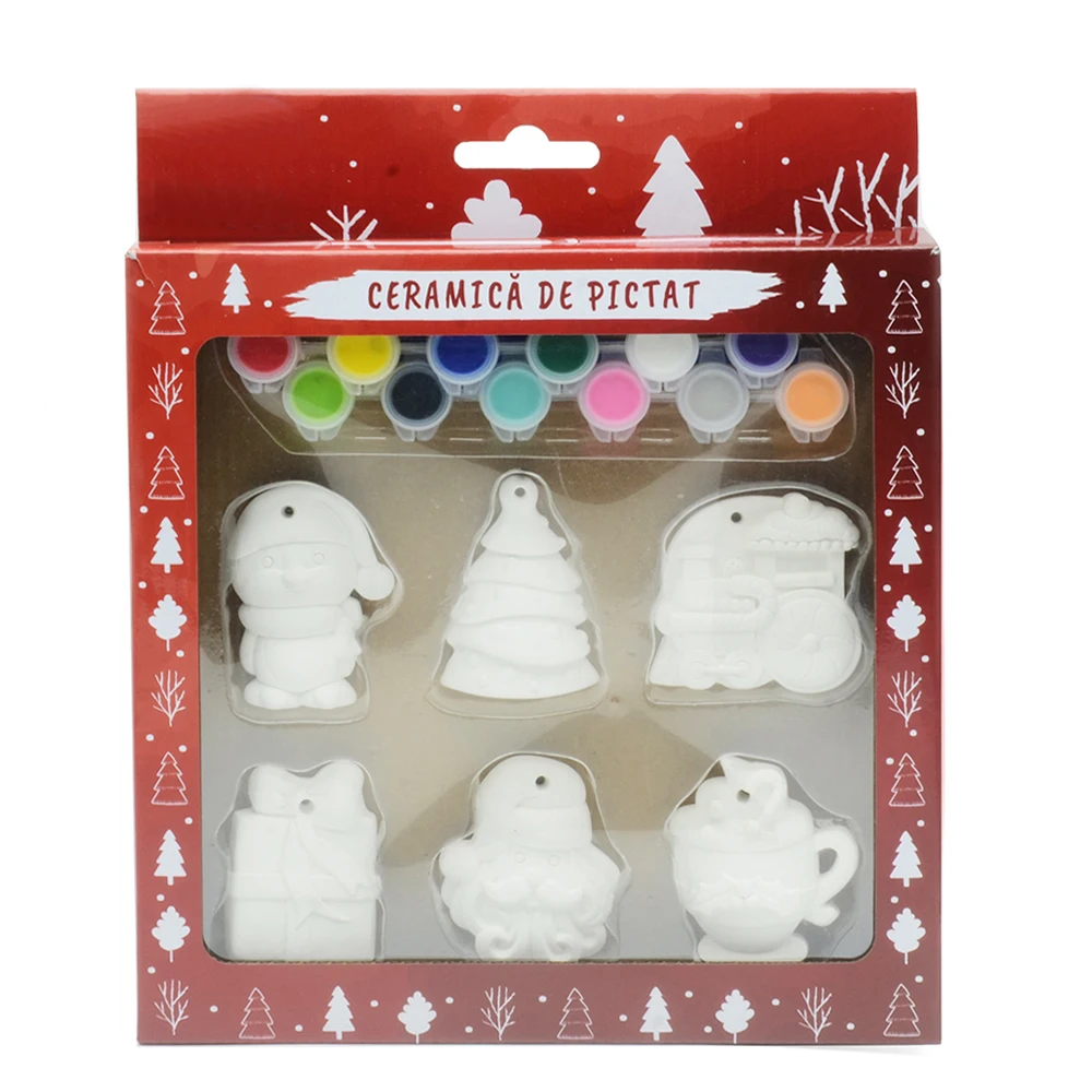 20pcs Kids DIY Painting Ceramic Christmas Ornaments Kit with 6 Figurines, 12 Paint Pots, 2 Brushes
