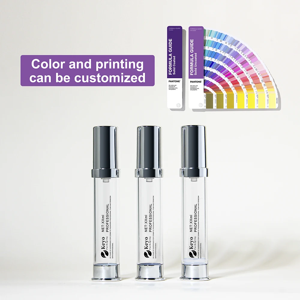 15ml Mini Sample Size Plastic Airless Pump Bottles Cosmetics Packaging Refillable Airless Serum Bottle Metallic Silver Color