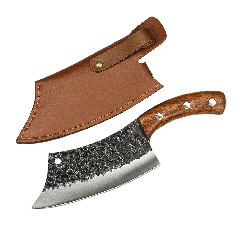 7 Inch High Carbon Stainless Steel Hammer Pattern Slaughter Boning Butcher Knife Full Tang Serbian Knife Leather Sheath Kitchen