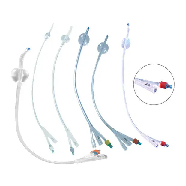 100% Silicone Disposable Medical Foley Catheter with Temperature Probe 2-Way or 3-Way Options