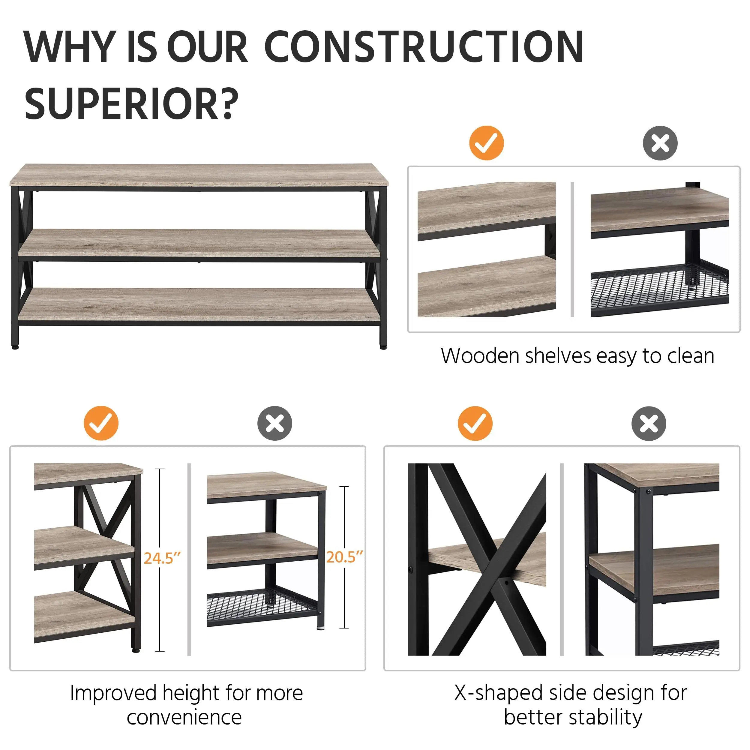 TV Cabinet with 3 Tier Storage Shelves for Living Room Entertainment Center TV Console Table with Metal Frame
