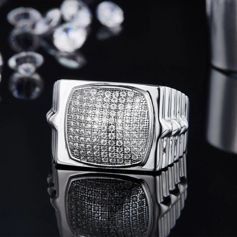 Luster Unique Designed Thick Band 925 Silver Hip Hop Iced Pass Diamond Tester D White VVS Moissanite Men Ring