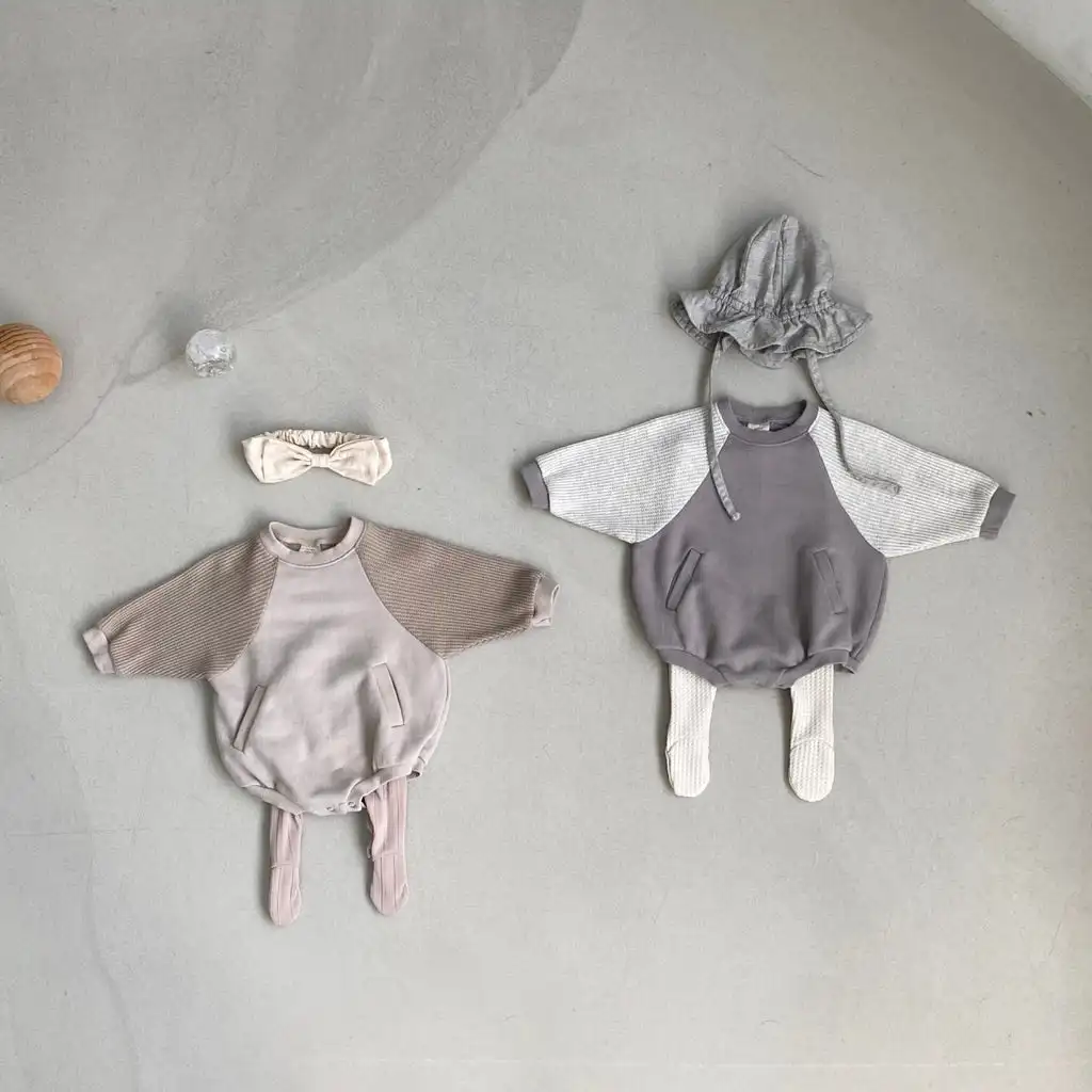 Baby Waffle Sleeve Pocket Romper 3-18m Beige newborn waffle knit baby romper velour preemie baby ruffle romper wholesale